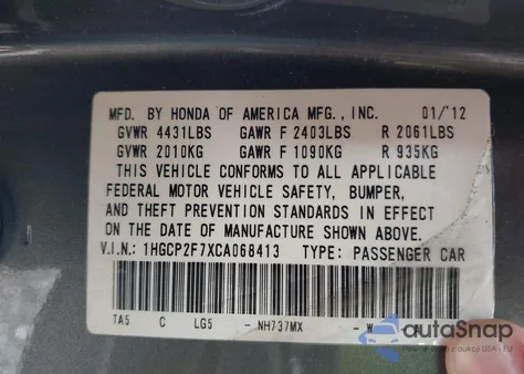 2012 Honda Accord 2.4 Ex z USA, uszkodzony, nr VIN 1HGCP2F7XCA068413